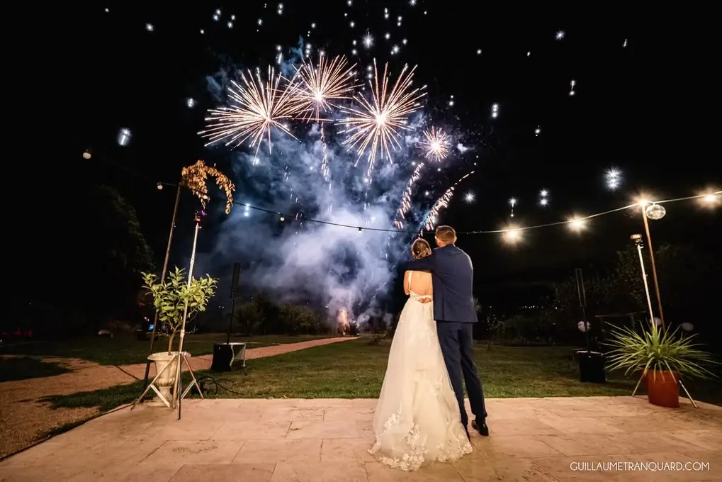 Couple de mariés regardant un feu d'artifice dans le jardin pendant la soirée